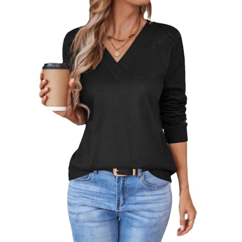 Amazon 2024 Primăvara și Toamna Comerț Exterior Transfrontalier Europa și Statele Unite Leisure Lejer Culoare Solidă Waffled V-Neck Tricou cu Mânecă Lungă pentru Femei