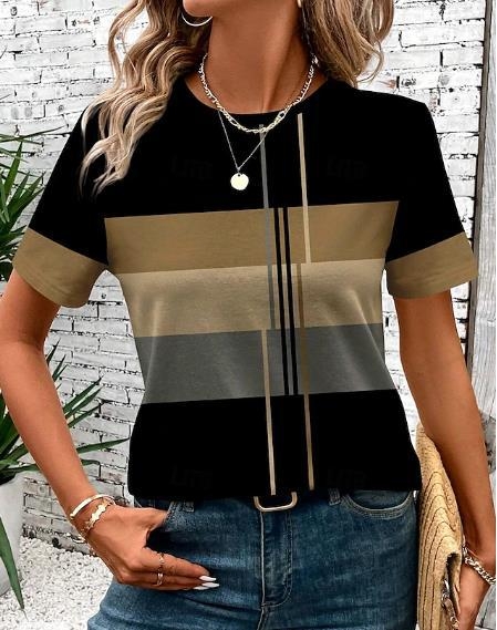 Tricou de damă cu mânecă scurtă și guler rotund, model patchwork, casual, lejer