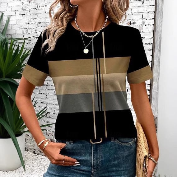 Tricou de damă cu mânecă scurtă și guler rotund, model patchwork, casual, lejer