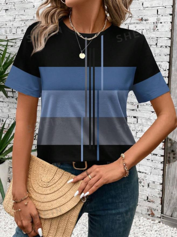 Tricou de damă cu mânecă scurtă și guler rotund, model patchwork, casual, lejer