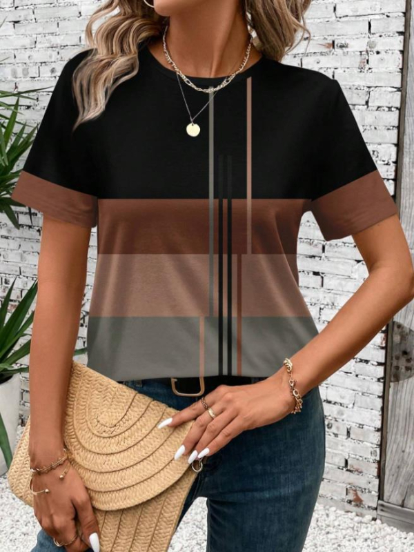 Tricou de damă cu mânecă scurtă și guler rotund, model patchwork, casual, lejer