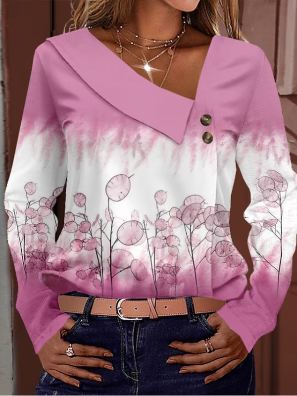 Moteriški užsienio prekybos marškinėliai, rudens dizaino, nišiniai, paprasti retro stiliaus, apvaliu kaklu, vidiniai drabužiai, viršutiniai drabužiai, asimetriniai V formos iškirptės ilgomis rankovėmis marškinėliai.