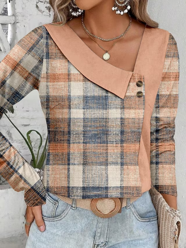 Moteriški užsienio prekybos marškinėliai, rudens dizaino, nišiniai, paprasti retro stiliaus, apvaliu kaklu, vidiniai drabužiai, viršutiniai drabužiai, asimetriniai V formos iškirptės ilgomis rankovėmis marškinėliai.