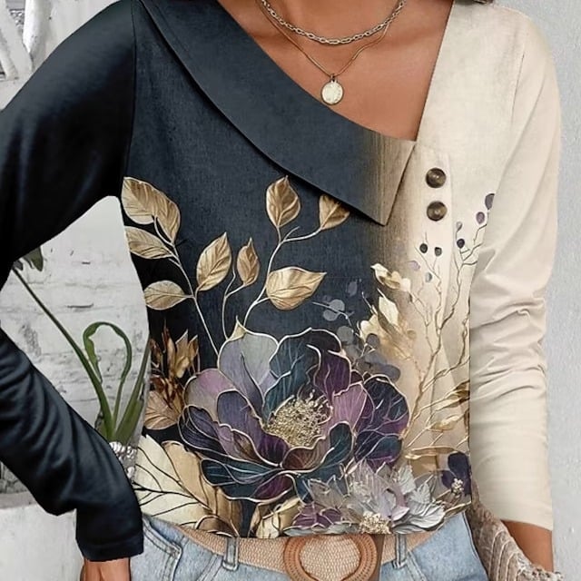 Tricou de comerț exterior pentru femei, design de toamnă, nișă, simplu, retro, guler rotund, îmbrăcăminte interioară, îmbrăcăminte exterioară, tricou asimetric cu decolteu în V, mânecă lungă