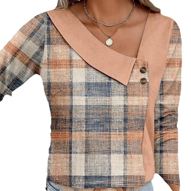 Moteriški užsienio prekybos marškinėliai, rudens dizaino, nišiniai, paprasti retro stiliaus, apvaliu kaklu, vidiniai drabužiai, viršutiniai drabužiai, asimetriniai V formos iškirptės ilgomis rankovėmis marškinėliai.