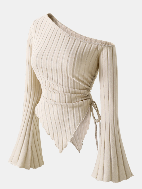 Elegantna majica s oslikanim ramenima boje marelice, posebnog stila za 24-godišnjake, s asimetričnim rubom i rukavima od rogova, slobodna ramena, udobna majica za Noć vještica