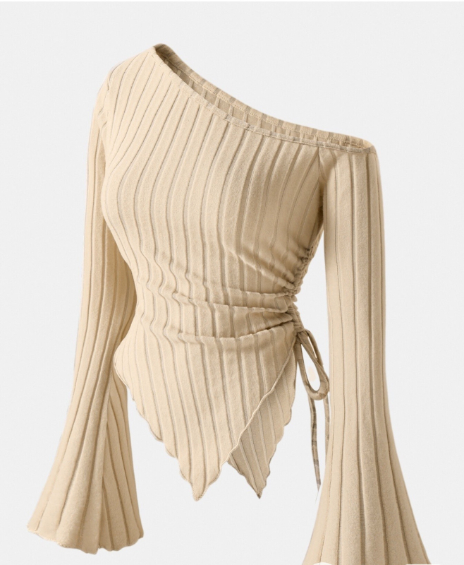 Elegantna majica s oslikanim ramenima boje marelice, posebnog stila za 24-godišnjake, s asimetričnim rubom i rukavima od rogova, slobodna ramena, udobna majica za Noć vještica