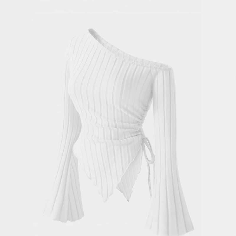 Elegantna majica s oslikanim ramenima boje marelice, posebnog stila za 24-godišnjake, s asimetričnim rubom i rukavima od rogova, slobodna ramena, udobna majica za Noć vještica