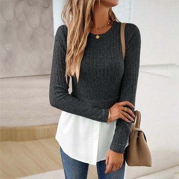 Kaikuo Cross-Border Amazon European and American Clothing 2023 Φθινόπωρο και Χειμώνας Δίχρωμη Πλεκτή Μπλούζα με Στρογγυλή Λαιμόκοψη και Συρόμενη Λαιμόκοψη