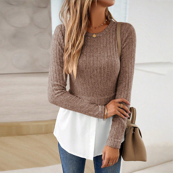 Kaikuo Cross-Border Amazon European and American Clothing 2023 Φθινόπωρο και Χειμώνας Δίχρωμη Πλεκτή Μπλούζα με Στρογγυλή Λαιμόκοψη και Συρόμενη Λαιμόκοψη