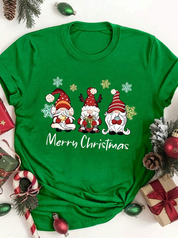 Tricou SHEIN Essence cu imprimeu de pitici de Crăciun, guler rotund, mânecă scurtă, pentru femei 01232