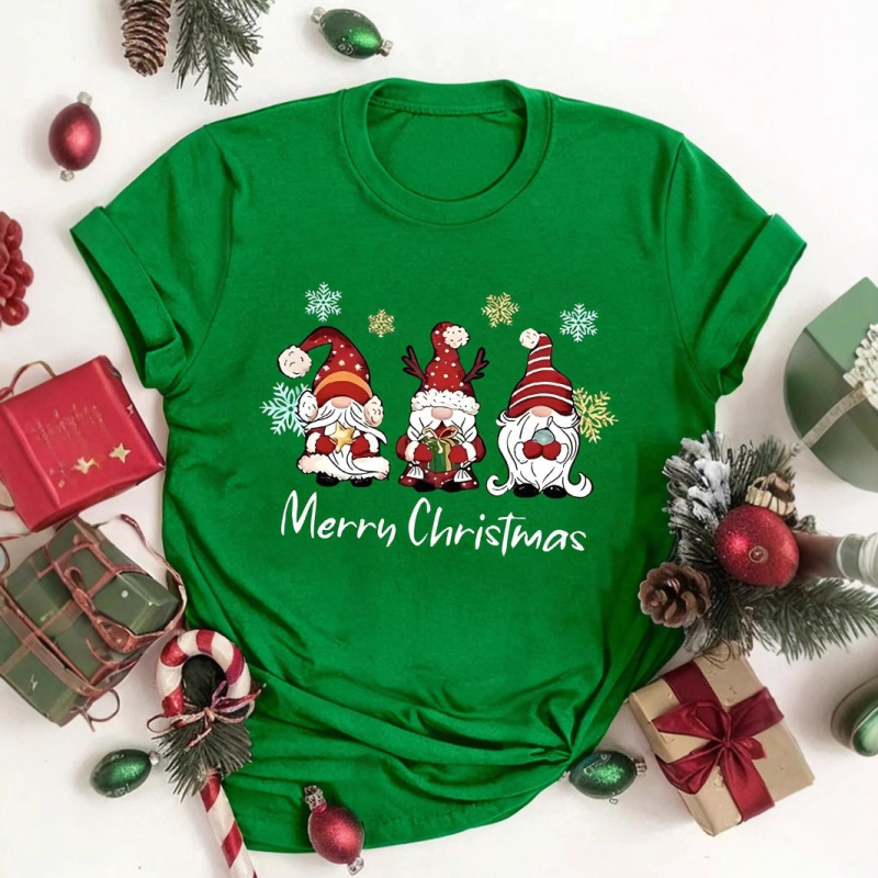 Tricou SHEIN Essence cu imprimeu de pitici de Crăciun, guler rotund, mânecă scurtă, pentru femei 01232