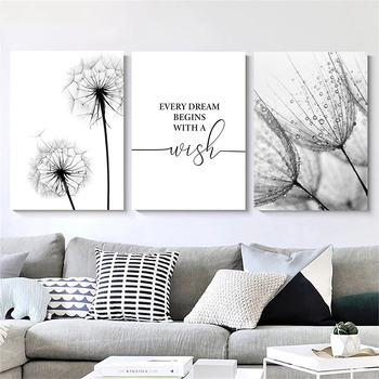 Северни модерни семпли черно-бели букви глухарче Декоративна картина за хол Малка свежа спалня Декоративна картина Принтиране на сърцевина