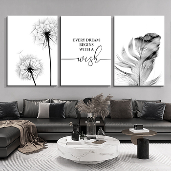 Северни модерни семпли черно-бели букви глухарче Декоративна картина за хол Малка свежа спалня Декоративна картина Принтиране на сърцевина