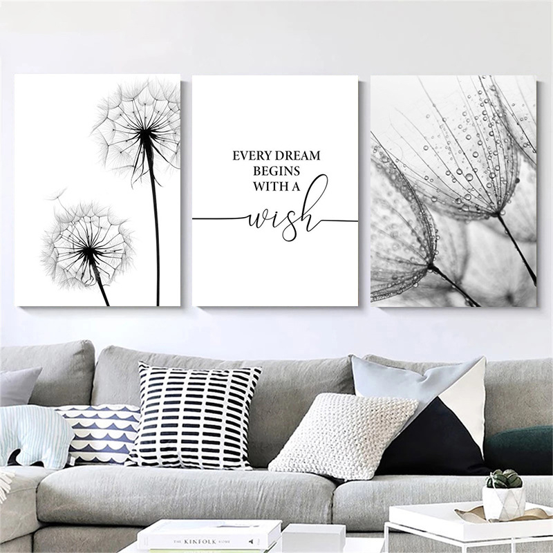 Pictură decorativă nordică modernă, simplă, alb-negru, cu litere de păpădie, pentru living, pentru dormitor, pictură decorativă de bază, imprimare