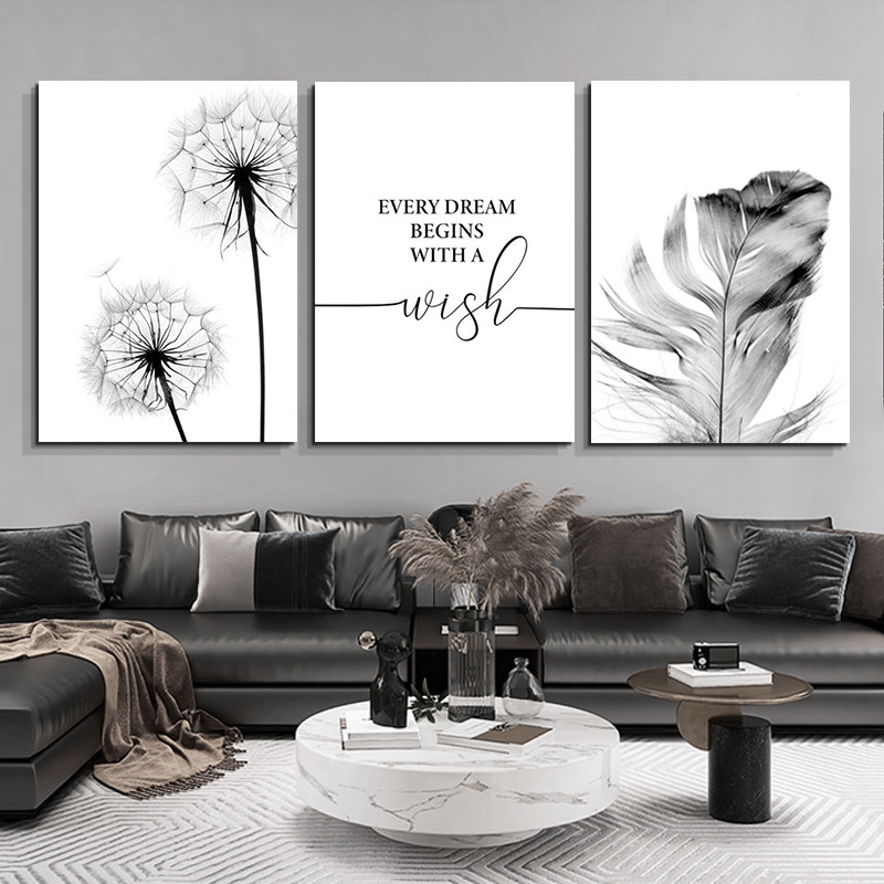 Северни модерни семпли черно-бели букви глухарче Декоративна картина за хол Малка свежа спалня Декоративна картина Принтиране на сърцевина