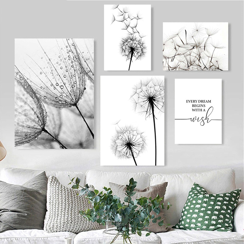 Северни модерни семпли черно-бели букви глухарче Декоративна картина за хол Малка свежа спалня Декоративна картина Принтиране на сърцевина