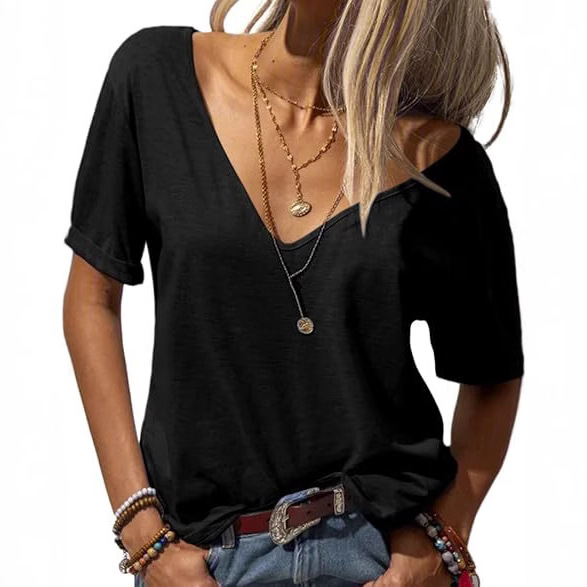 Jar 2025 Nové dámske módne ležérne najjednoduchšie na zápas V-výstrih s krátkym rukávom Jednofarebné voľné základné tričko pre ženy