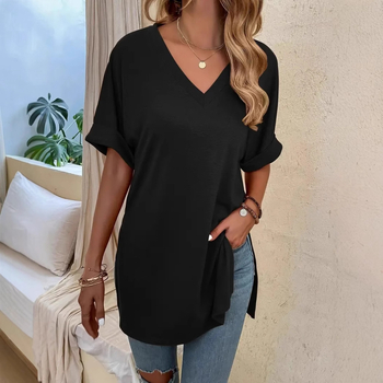 Άνοιξη και Καλοκαίρι 2025 Νέα Εξαγωγικά Ευρωπαϊκά και Αμερικανικά Ρούχα Σέξι Μπλούζα με V-Neck, Χαλαρό, Casual Σχίσιμο, Καθαρό Χρώμα, Κοντομάνικο Μπλούζα