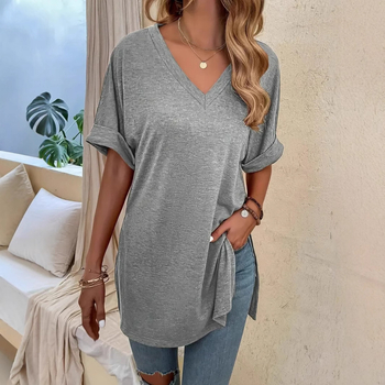 Άνοιξη και Καλοκαίρι 2025 Νέα Εξαγωγικά Ευρωπαϊκά και Αμερικανικά Ρούχα Σέξι Μπλούζα με V-Neck, Χαλαρό, Casual Σχίσιμο, Καθαρό Χρώμα, Κοντομάνικο Μπλούζα