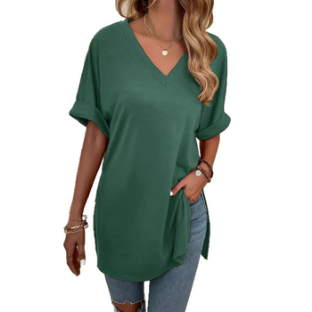Άνοιξη και Καλοκαίρι 2025 Νέα Εξαγωγικά Ευρωπαϊκά και Αμερικανικά Ρούχα Σέξι Μπλούζα με V-Neck, Χαλαρό, Casual Σχίσιμο, Καθαρό Χρώμα, Κοντομάνικο Μπλούζα
