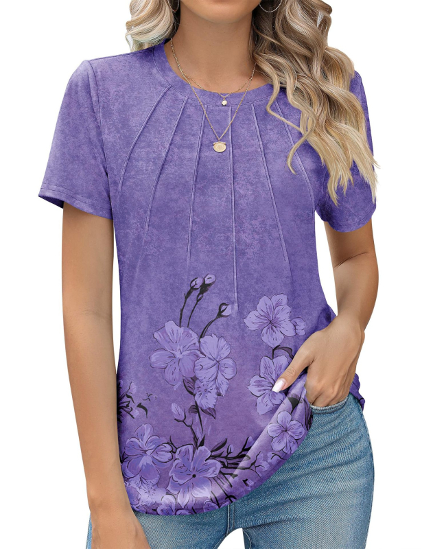 Dámske jarné a letné jednofarebné tričko s okrúhlym výstrihom, skladaným krátkym rukávom