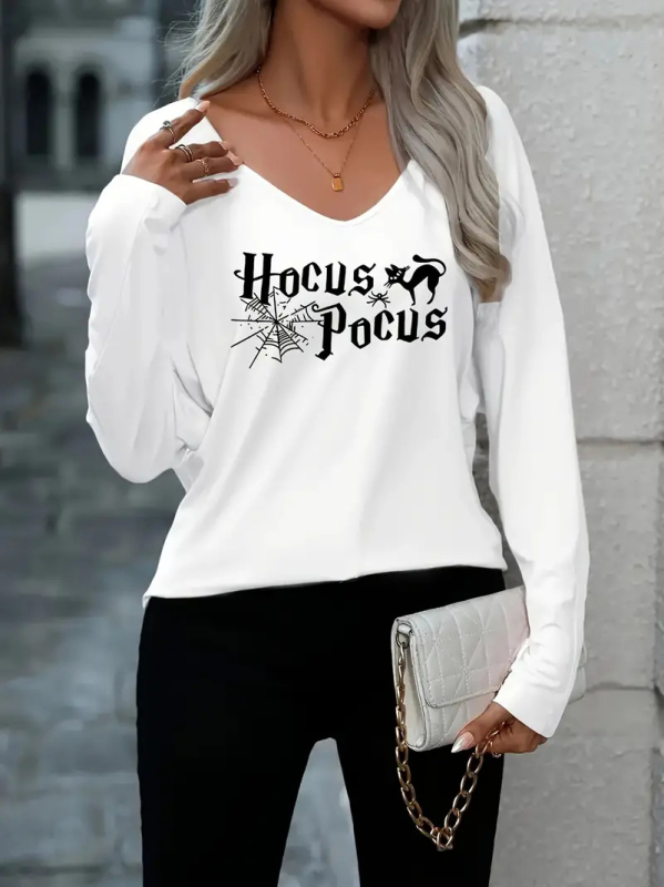 Amazon wsih transfrontalier nou european și american pentru femei, tricou de Halloween cu imprimeu decolteu în V și mânecă lungă, top casual la modă