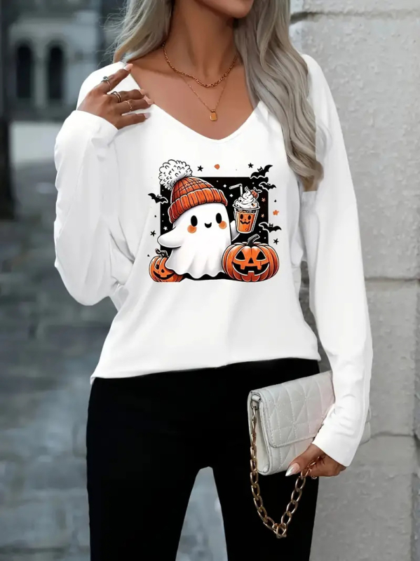 Amazon wsih transfrontalier nou european și american pentru femei, tricou de Halloween cu imprimeu decolteu în V și mânecă lungă, top casual la modă