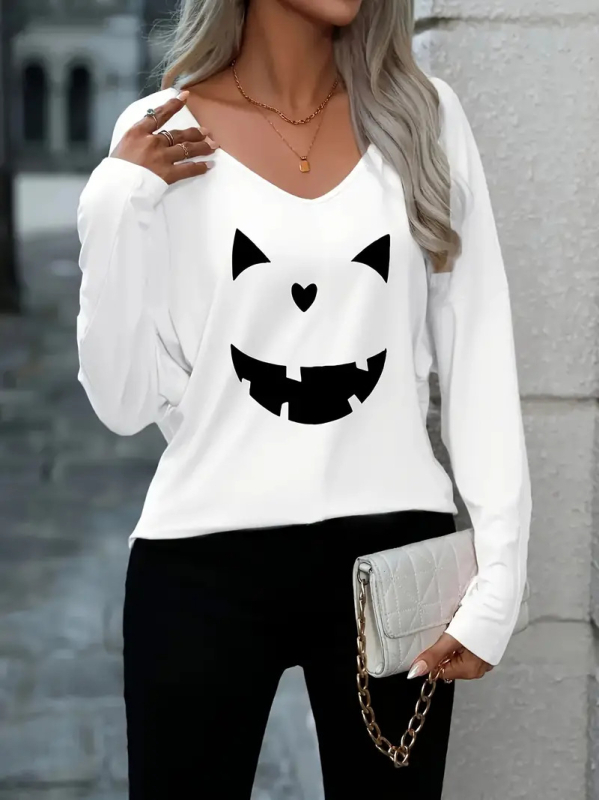 Amazon wsih transfrontalier nou european și american pentru femei, tricou de Halloween cu imprimeu decolteu în V și mânecă lungă, top casual la modă