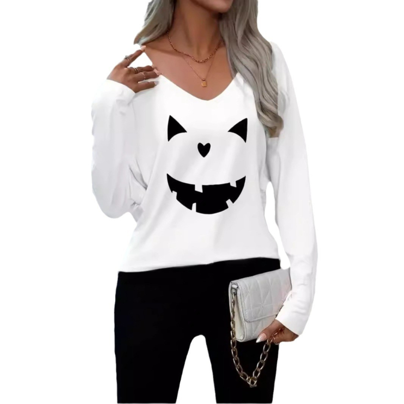 Amazon wsih transfrontalier nou european și american pentru femei, tricou de Halloween cu imprimeu decolteu în V și mânecă lungă, top casual la modă