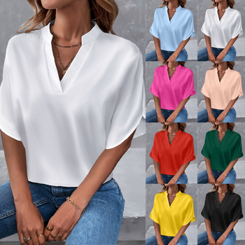 Užsienio prekyba „Amazon“ 2025 m. vasaros nauji V formos iškirptės moteriški marškinėliai, vientisos spalvos, laisvalaikio stiliaus, tinkantys europietiškiems ir amerikietiškiems trumpomis rankovėmis megztiniams.