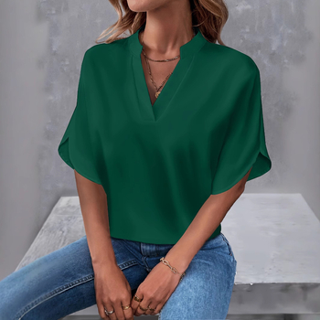 Užsienio prekyba „Amazon“ 2025 m. vasaros nauji V formos iškirptės moteriški marškinėliai, vientisos spalvos, laisvalaikio stiliaus, tinkantys europietiškiems ir amerikietiškiems trumpomis rankovėmis megztiniams.