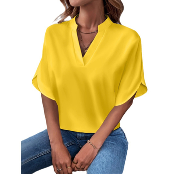 Užsienio prekyba „Amazon“ 2025 m. vasaros nauji V formos iškirptės moteriški marškinėliai, vientisos spalvos, laisvalaikio stiliaus, tinkantys europietiškiems ir amerikietiškiems trumpomis rankovėmis megztiniams.