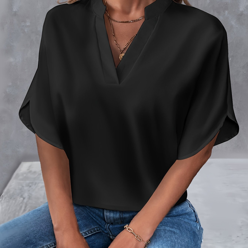 Užsienio prekyba „Amazon“ 2025 m. vasaros nauji V formos iškirptės moteriški marškinėliai, vientisos spalvos, laisvalaikio stiliaus, tinkantys europietiškiems ir amerikietiškiems trumpomis rankovėmis megztiniams.