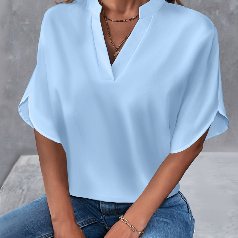 Užsienio prekyba „Amazon“ 2025 m. vasaros nauji V formos iškirptės moteriški marškinėliai, vientisos spalvos, laisvalaikio stiliaus, tinkantys europietiškiems ir amerikietiškiems trumpomis rankovėmis megztiniams.