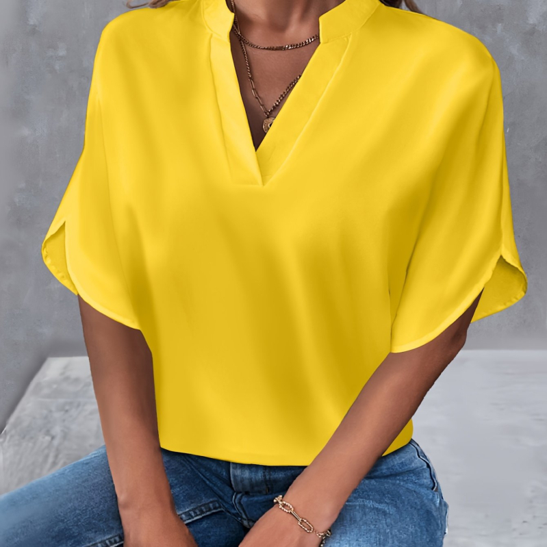 Užsienio prekyba „Amazon“ 2025 m. vasaros nauji V formos iškirptės moteriški marškinėliai, vientisos spalvos, laisvalaikio stiliaus, tinkantys europietiškiems ir amerikietiškiems trumpomis rankovėmis megztiniams.