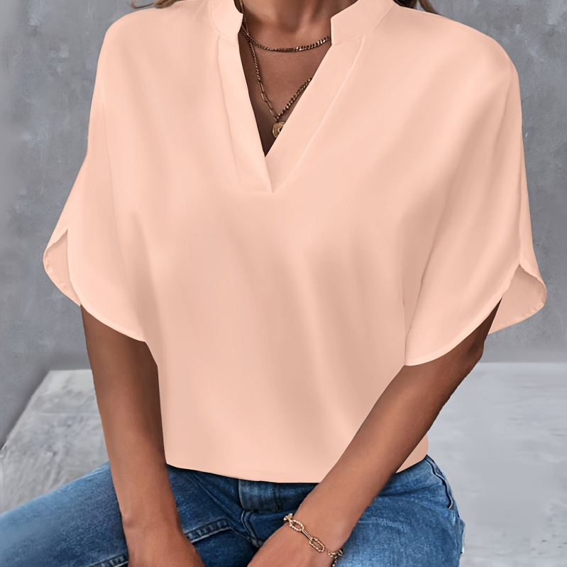 Užsienio prekyba „Amazon“ 2025 m. vasaros nauji V formos iškirptės moteriški marškinėliai, vientisos spalvos, laisvalaikio stiliaus, tinkantys europietiškiems ir amerikietiškiems trumpomis rankovėmis megztiniams.