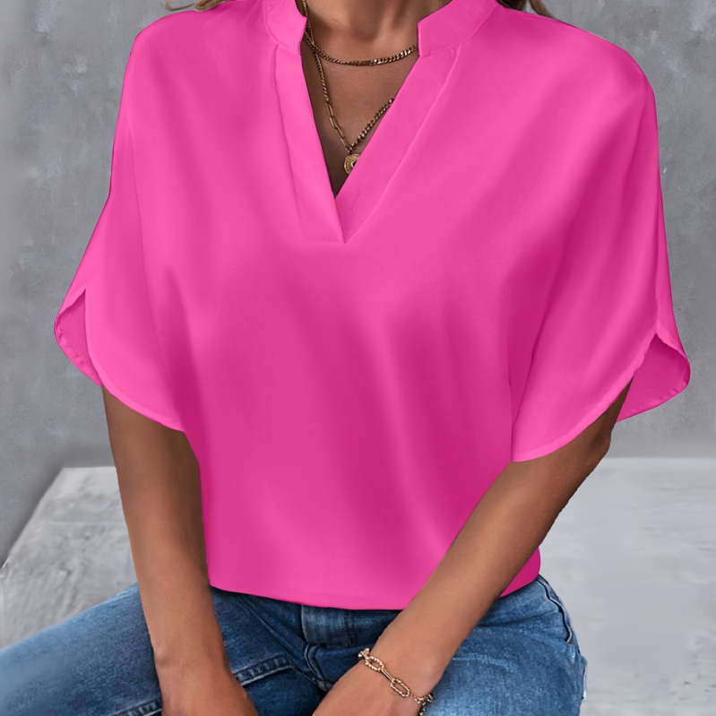 Užsienio prekyba „Amazon“ 2025 m. vasaros nauji V formos iškirptės moteriški marškinėliai, vientisos spalvos, laisvalaikio stiliaus, tinkantys europietiškiems ir amerikietiškiems trumpomis rankovėmis megztiniams.