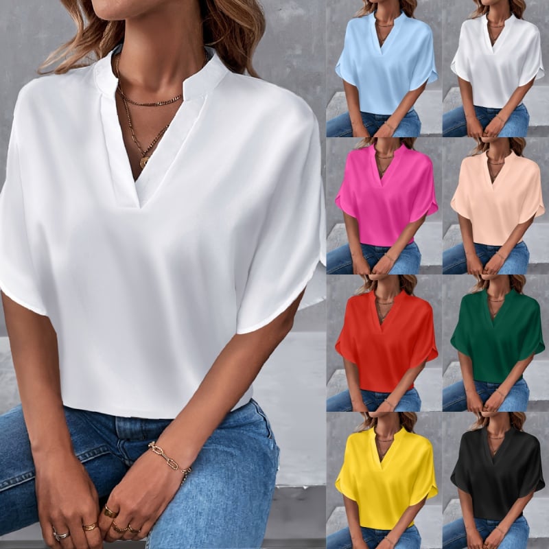 Comerț exterior Amazon 2025 Vara nouă cu guler în V Tricou femei culoare solidă Casual All-match europene și americane cu mânecă scurtă pulover Tricou
