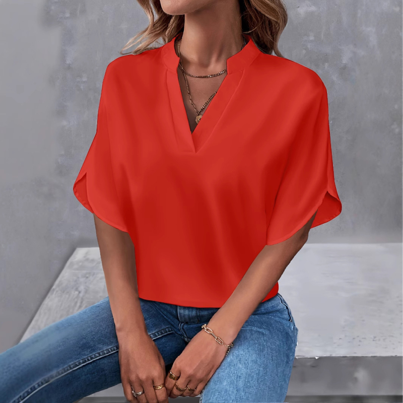 Užsienio prekyba „Amazon“ 2025 m. vasaros nauji V formos iškirptės moteriški marškinėliai, vientisos spalvos, laisvalaikio stiliaus, tinkantys europietiškiems ir amerikietiškiems trumpomis rankovėmis megztiniams.