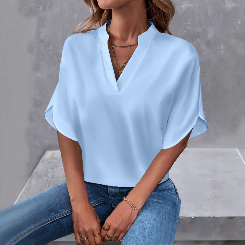 Užsienio prekyba „Amazon“ 2025 m. vasaros nauji V formos iškirptės moteriški marškinėliai, vientisos spalvos, laisvalaikio stiliaus, tinkantys europietiškiems ir amerikietiškiems trumpomis rankovėmis megztiniams.