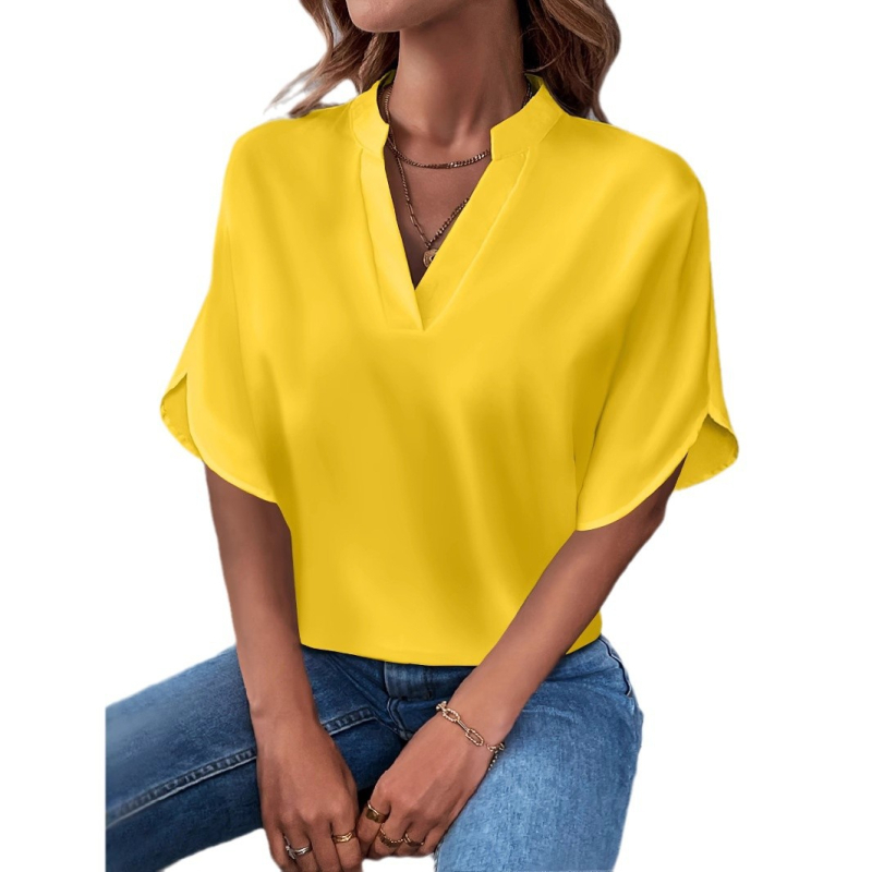 Užsienio prekyba „Amazon“ 2025 m. vasaros nauji V formos iškirptės moteriški marškinėliai, vientisos spalvos, laisvalaikio stiliaus, tinkantys europietiškiems ir amerikietiškiems trumpomis rankovėmis megztiniams.