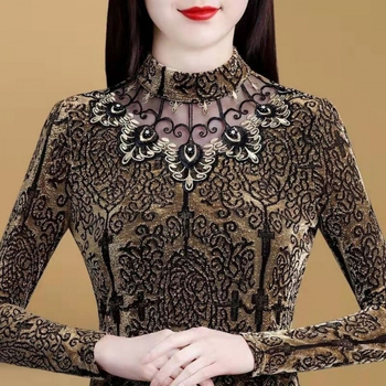 Dámska sieťovaná košeľa, jeseň a zima 2024, nová, s flísovou podšívkou, zahustený, slim top pre väčšie veľkosti