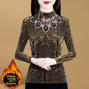 Dámska sieťovaná košeľa, jeseň a zima 2024, nová, s flísovou podšívkou, zahustený, slim top pre väčšie veľkosti