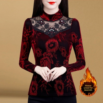 Dámska sieťovaná košeľa, jeseň a zima 2024, nová, s flísovou podšívkou, zahustený, slim top pre väčšie veľkosti