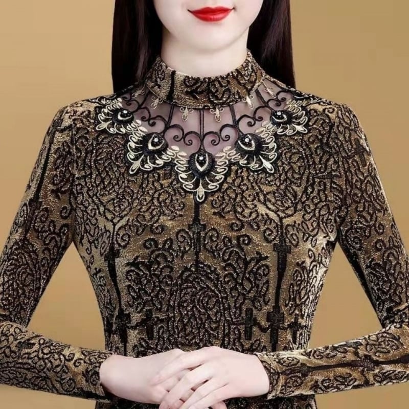 Dámska sieťovaná košeľa, jeseň a zima 2024, nová, s flísovou podšívkou, zahustený, slim top pre väčšie veľkosti