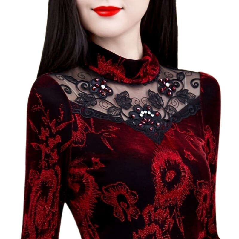 Dámska sieťovaná košeľa, jeseň a zima 2024, nová, s flísovou podšívkou, zahustený, slim top pre väčšie veľkosti