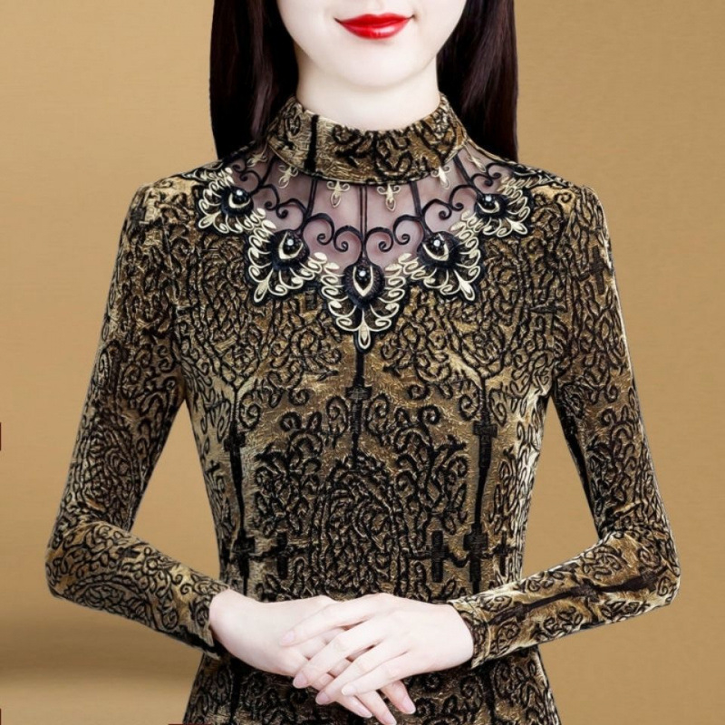 Dámska sieťovaná košeľa, jeseň a zima 2024, nová, s flísovou podšívkou, zahustený, slim top pre väčšie veľkosti