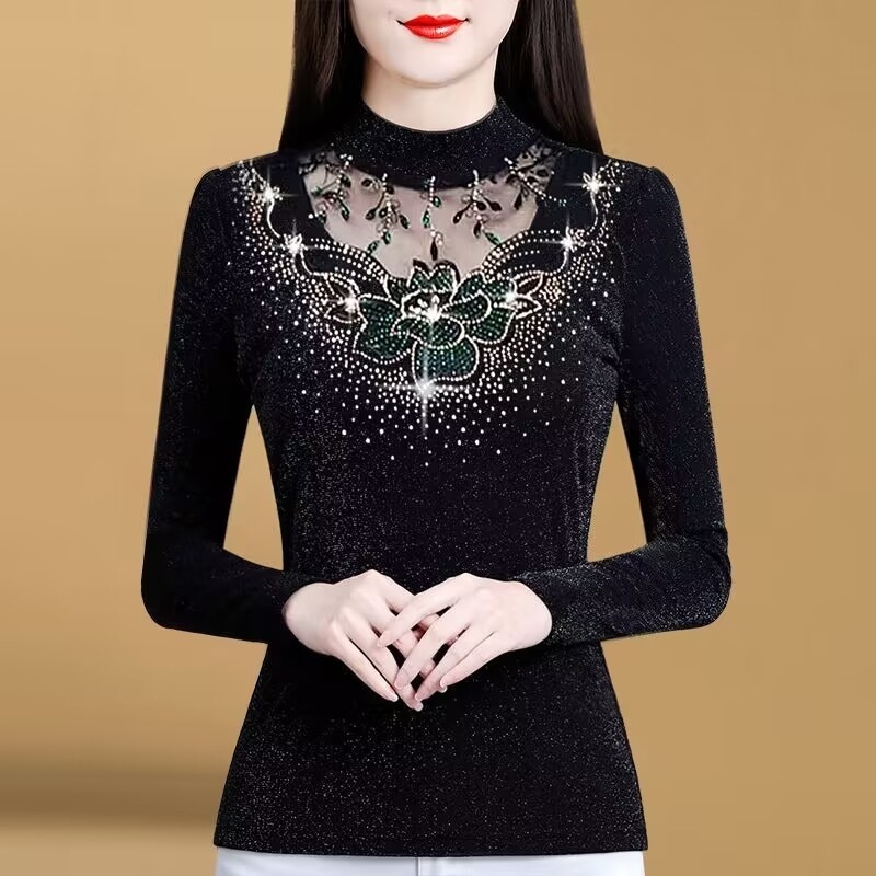 Dámska sieťovaná košeľa, jeseň a zima 2024, nová, s flísovou podšívkou, zahustený, slim top pre väčšie veľkosti