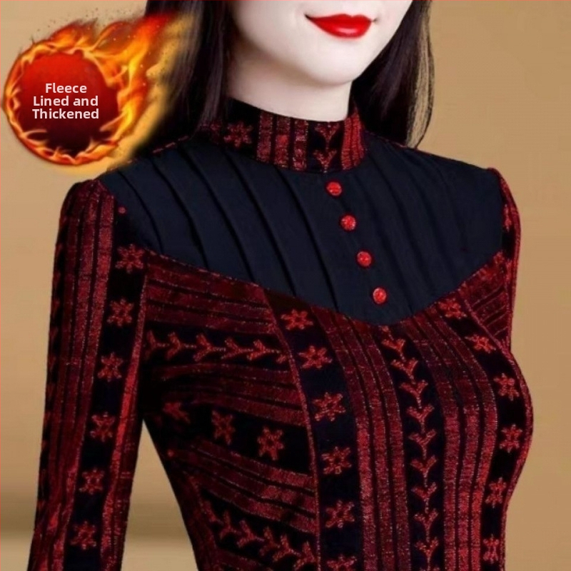 Dámska sieťovaná košeľa, jeseň a zima 2024, nová, s flísovou podšívkou, zahustený, slim top pre väčšie veľkosti